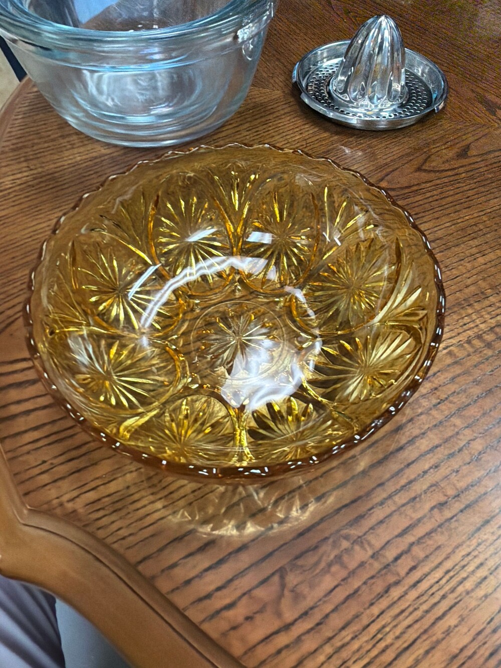 Vintage Glass Citrus Juicer Set Amber Clear Bowls Metal Reamer